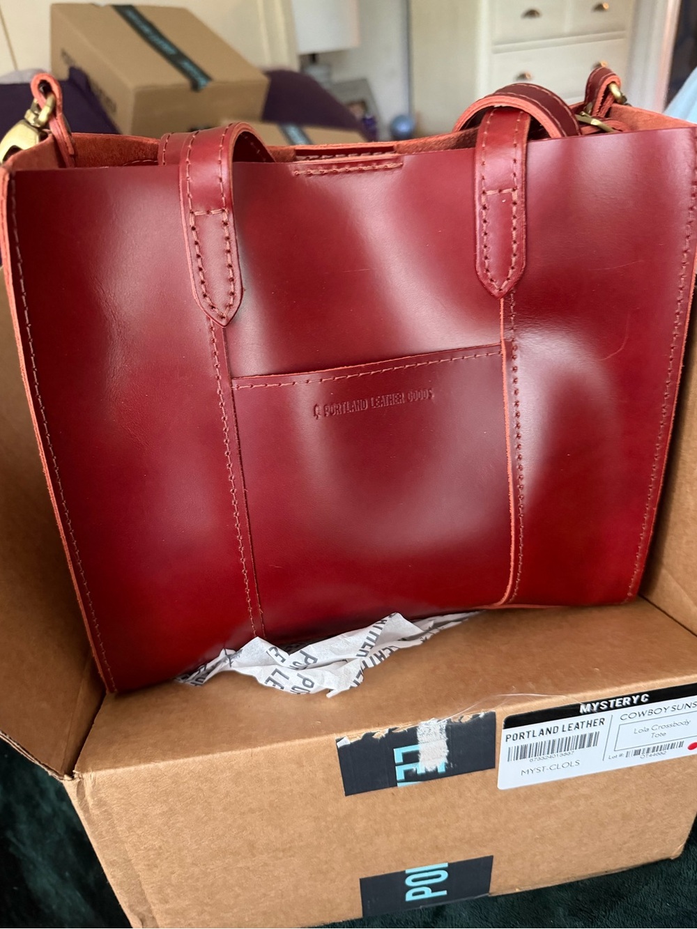 Portland Leather Cowboy Sunset Red/Brown Leather Crossbody Tote Bag